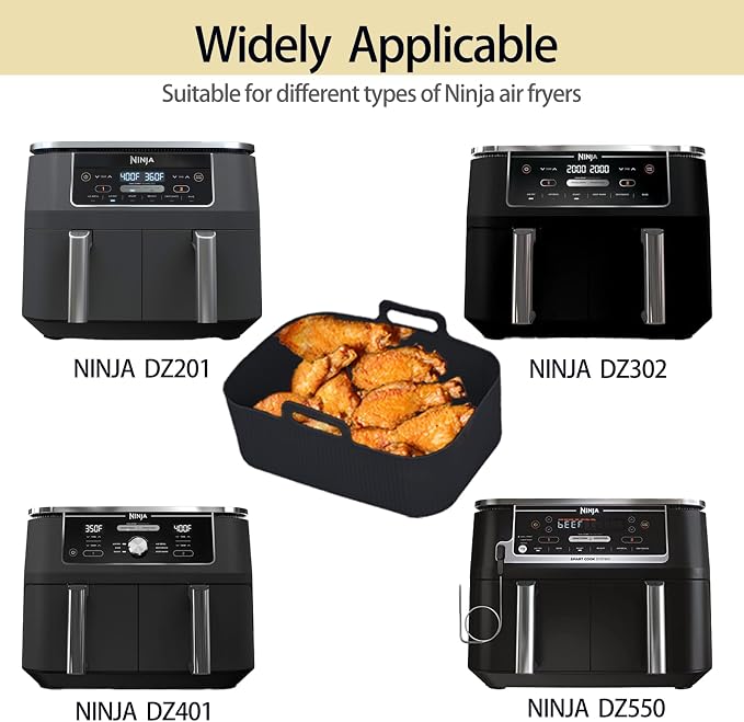 Silicone Air Fryer Liners for Ninja - Reusable 8 Qt Bowl for Foodi DZ201 Dual Basket Airfryer - Rectangular 2-pack 2025 Upgraded Food Safe Silicone Baking Tray Pink (BLUE & BLACK)