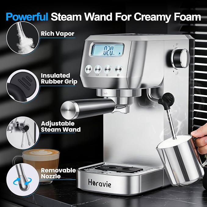 Horavie Ultra Espresso Machine with LCD Display, Espresso Maker with Powerful Milk Frother, Customizable Brewing Temperature, Professional Cappuccino & Latte Machine, Gift for Men & Women