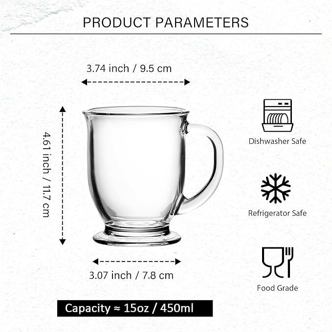Glass Coffee Mugs Set of 6-15 OZ Clear Glass Tea Cups with Handle - Large Mugs for Tea, Espresso, Coffee, Cider, Hot Chocolate, Dishwasher Safe