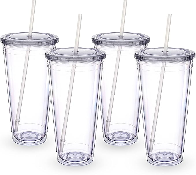Zukro Clear Tumbler with Lid and Straw 32 oz, Wide Mouth Double Walled Insulated Reusable Acrylic Plastic Iced Coffee To Go Cup for Loaded Tea, Water, Lemonade, Fit in Cupholder, BPA Free, 4 Pack
