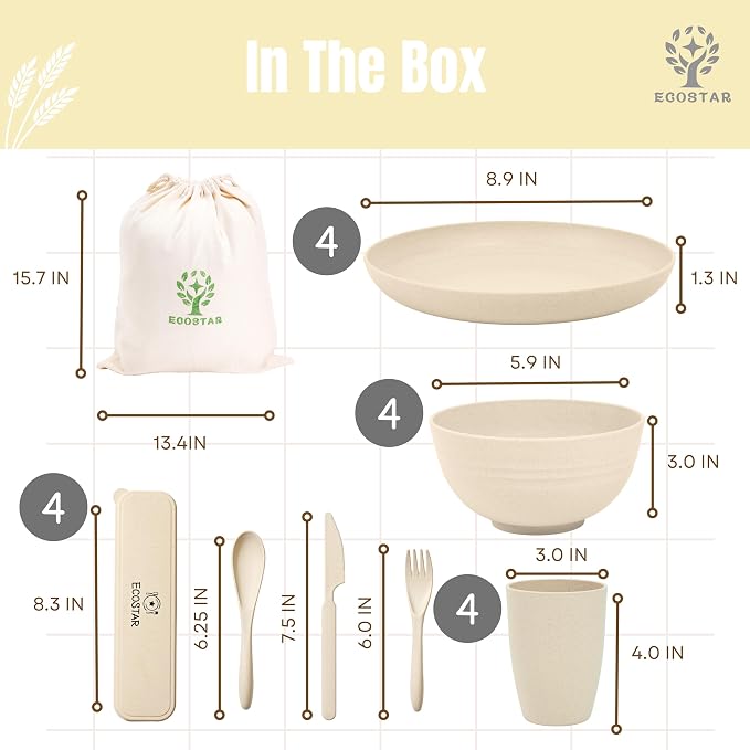 ECOSTAR Wheat Straw Dinnerware Sets Unbreakable Plates Bowls and Cups Reusable Utensils Dishwasher Microwave Safe Bowls and Plates Sets (Beige)