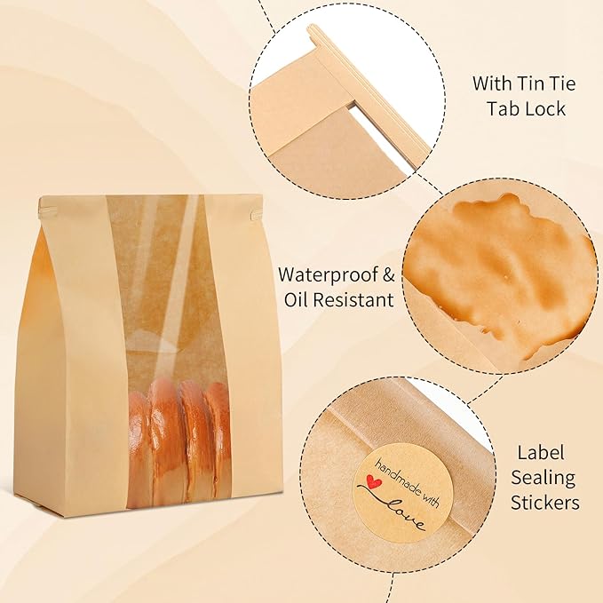 woric 120 Bread Bags for Homemade Bread, Sourdough Bread Bag with Window 14" X 8.3" X 3.5" Large Paper Bakery Bags with Tin Tie Tab Lock Stickers for Food Cookies Packaging Storage