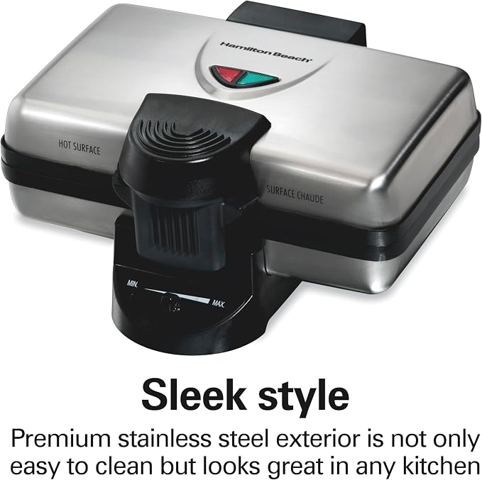 Hamilton Beach Belgian Mini Waffle Maker with Shade Control, Makes 2 at Once, Create Personalized Keto Chaffles and Hash Browns, PFAS-Free Non-Stick Plates, Compact Design, Stainless Steel (26009)