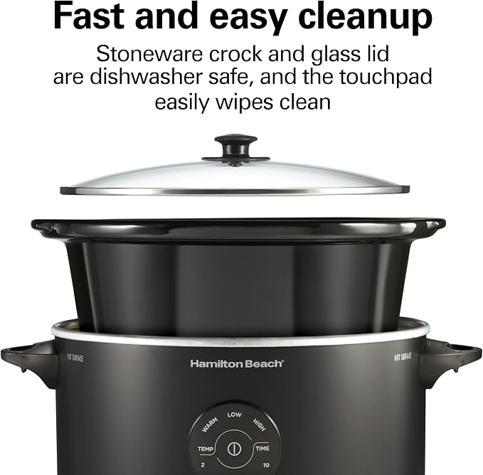 Hamilton Beach 7 Quart Set & Forget Portable Programmable Slow Cooker, 15 Cooking Options With 5 Time and 3 Heat Options, Large Dishwasher Safe Stoneware Crock and Glass, Lid Latch, Black (33670)