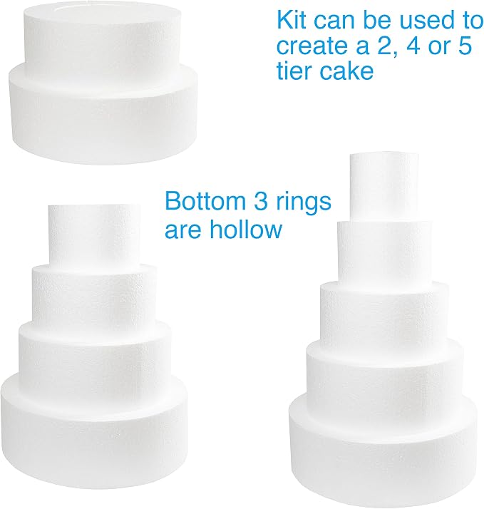 Silverlake 5-Tier Round Cake Dummy Set - Nesting 4" H x 4,6,8,10 & 12" Dia Discs for Styrofoam Baking Display Projects