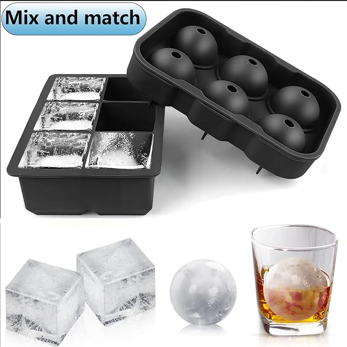 Ice Cube Trays, Ice Maker with Lid & Large Ice Cube Maker for Whiskey, Cocktails and Homemade, Keep Drinks Chilled Black, Set of 4