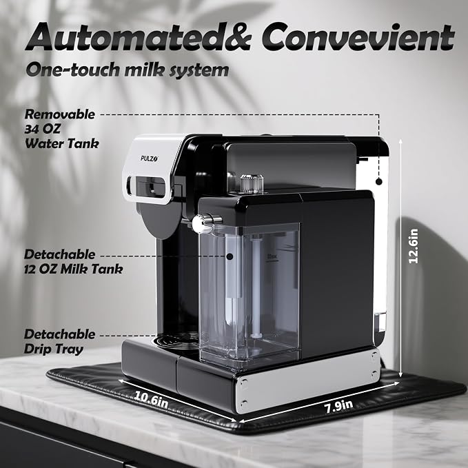 PULZO Espresso Machine with Integrated Automatic Milk Frother, capsule coffee maker for K*cup capsule/Ne*s Original/coffee powder, One Touch Latte & Cappuccino