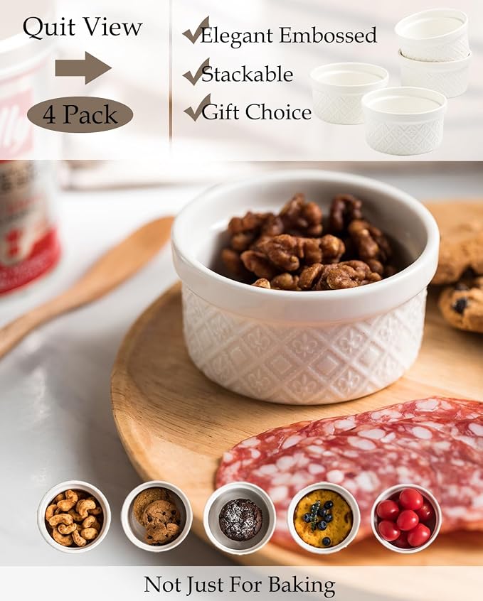Ramekins 6 oz with Lids Oven Safe, Small Creme Brulee Ramekins with Covers, Ceramic Ramekin Set of 4, Mini Prep Pinch Bowls - Dishwasher and Oven Safe, White