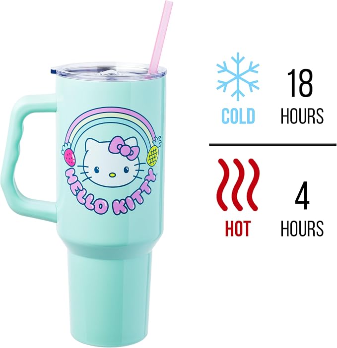 Silver Buffalo Sanrio Hello Kitty Kawaii Strawberry, Pineapple, and Rainbows Double Walled Stainless Steel Tumbler with Handle and Straw, Fits in Standard Cup Holder, 40 Ounces