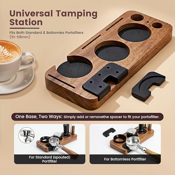 28-Piece 51mm Espresso Accessories Kit with Wood Tamping Station | Wood tamping station with tamper, distributor, WDT tool, dosing funnel, milk pitcher, puck screen and latte art accessories