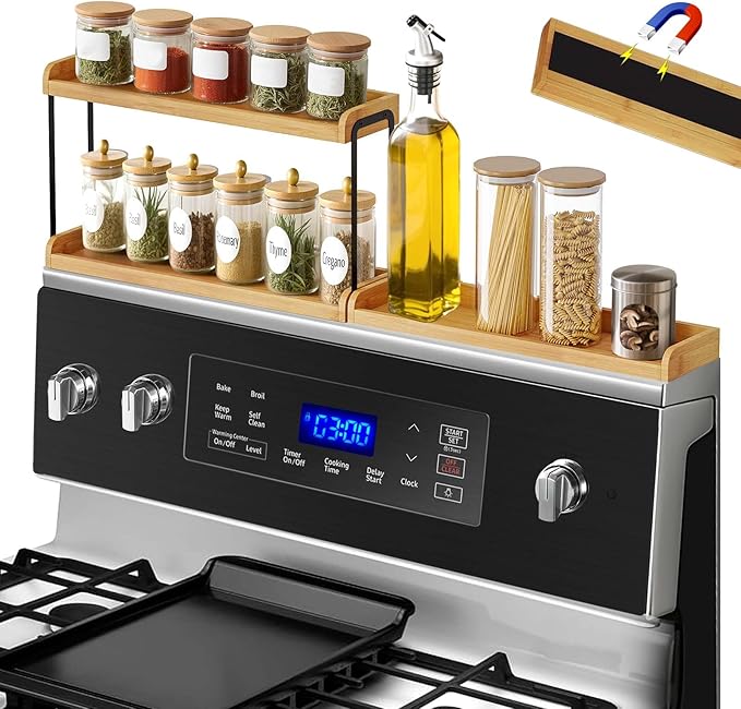 30" Magnetic Over the Stove Shelf,Stove Top Shelf,Over Oven Shelf,Stove Shelf for Back of Stove, Heat-Resistant and Wooden,Space-Saving Kitchen Storage (Wood Color, 2 Layer 3 pcs)