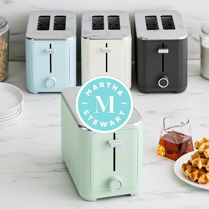 Martha Stewart 2 Slice Toaster, 10 Shade Settings with Defrost, Cancel, Bagel & Gluten-Free, Extra-Wide Self-Centering Slots for Waffles & Artisan Bread, Removable Crumb Tray, Cord Wrap, Caviar Gray