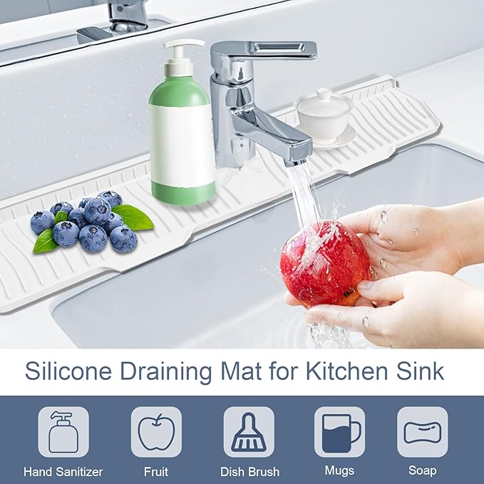 Faucet Guard - 90 Foldable Draining Mat for Kitchen Sink with 2 Drain Ports, Suitable for Bathroom, etc (White, 29.9"*5.9")