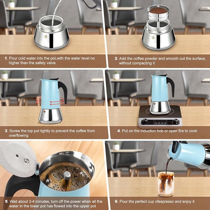 DITOSH6 Cup Stovetop Espresso Maker Stainless Steel Moka Pot Stove Top Percolator Italian Coffee Makers Capable Mocha Greca Machine Cafe Classic Induction Cookers for Home and Camping 300ml 10oz