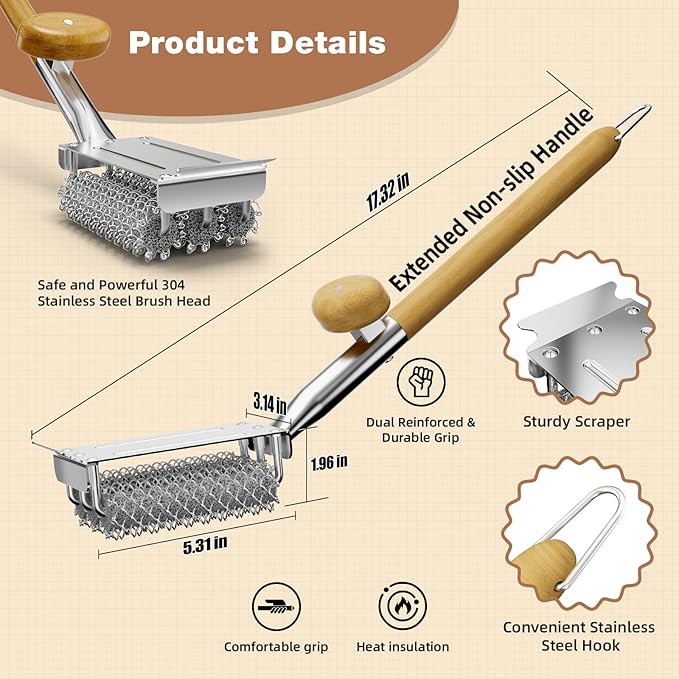 HOUSE AGAIN Grill Brush and Scraper Bristle Free with Dual Grip, 304 Stainless Steel Food-Grade Brush Head, Outdoor Grill Cleaning Brush Safe BBQ Grill Accessories Cleaner for Porcelain/Weber/Charcoal