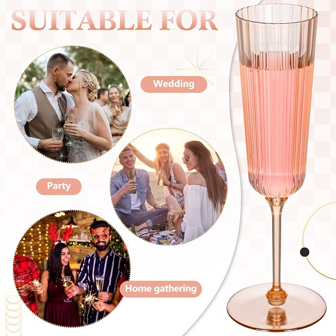 Jingmore 24 Pcs Plastic Ribbed Champagne Flutes With Stem, 6.4 oz Clear Vintage Disposable Vintage Glasses for Wedding Birthday Anniversary (Champagne Power)