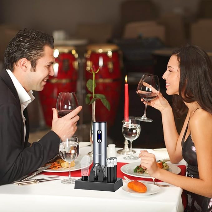 Yomety Electric Wine Opener With Base, Rechargeable Bottle Opener With 2-in-1 Aerator & Pourer, Foil Cutter, 2 Stoppers - Accessories Gifts for Wine Lovers