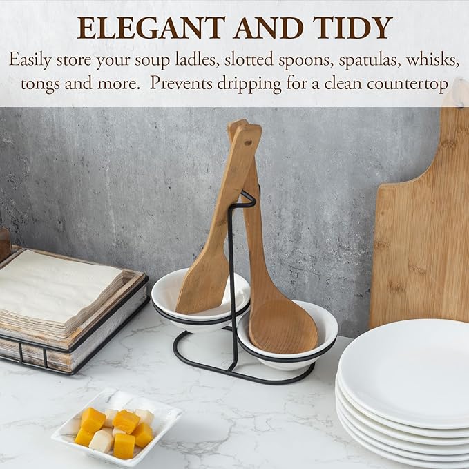 MyGift Countertop Ceramic Spoon Rest with Matte Black Metal Stand, Upright Ladle Holder Rack with 2 Bowl Dish
