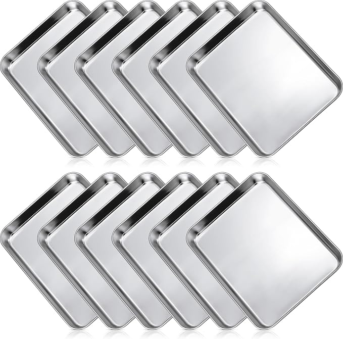 Zopeal 12 Pcs Metal Serving Trays for Food,Baking Sheet Pan Stainless Steel Small Nonstick Cookie Sheet Set Quarter Baking Pan,Toaster Oven and Dishwasher Safe(10 x 8 x 1 Inch)