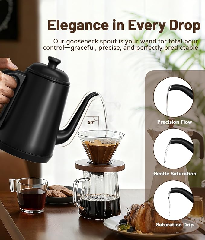 Gooseneck Electric Kettle for Coffee & Tea (Black) | 1L Capacity, 1000W Fast Heating, Stainless Steel, Auto Shut-Off, Boil-Dry Protection, BPA-Free