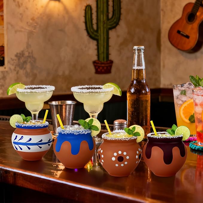 Gejoy 12 Pcs 3oz Cantaritos De Barro Shot Mini Clay Cups Jarritos De Barro Mexicanos Taco Cocktail Glasses for Tequila, Margaritas, Mojitos, Mojitos Cold Hot Drinks (Elegant)