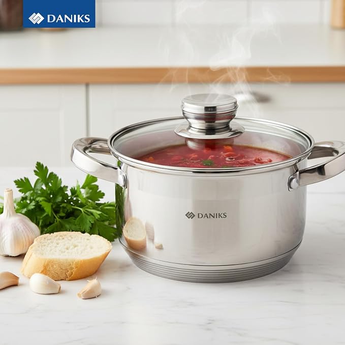 Daniks Standard 3 Quart Stainless Steel Stock Pot with Glass Lid, Tri-Ply Bottom for Even Heating, Induction Compatible, Dishwasher Safe, Built-In Measuring Scale, Silver
