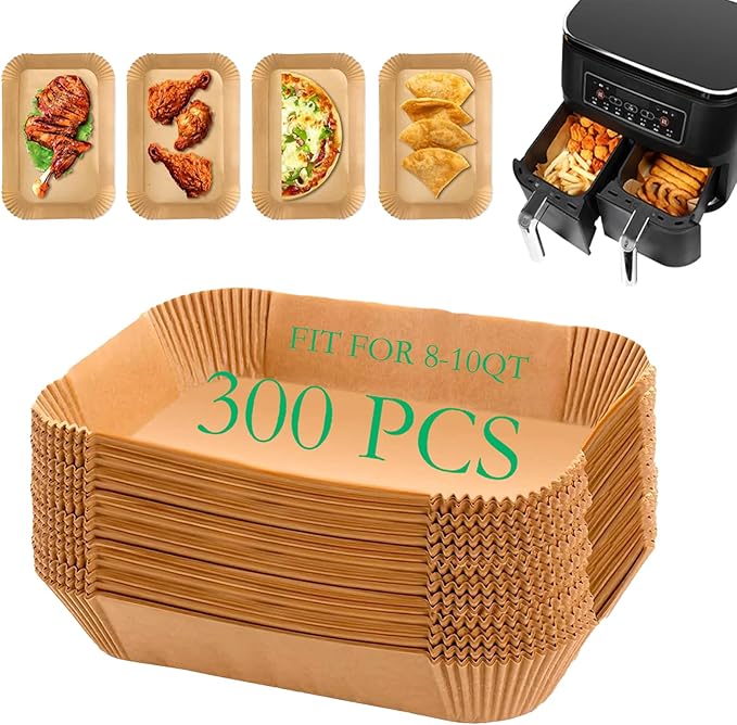 300 PCS Air Fryer Liners Disposable, 8.1 * 5.1 inch Air Fryer Paper Fit 2-Basket 8-10QT, Food Grade Baking Paper made for Ninja DZ201,DZ401,DZ550,SL401