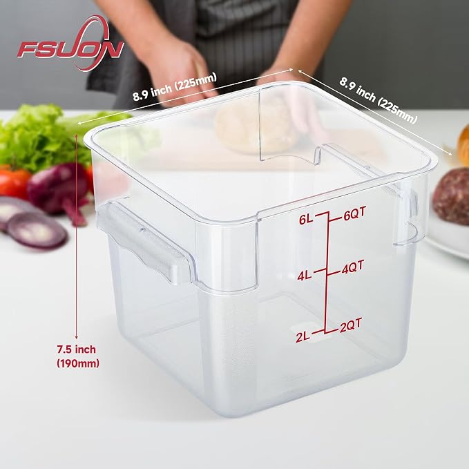 4 Pack 6 Qt Square Polycarbonate Food Storage Containers with Lids | Clear BPA-free PC with lids, side handles, measurement scale and stackable design; for food prep, storage and freezer use.