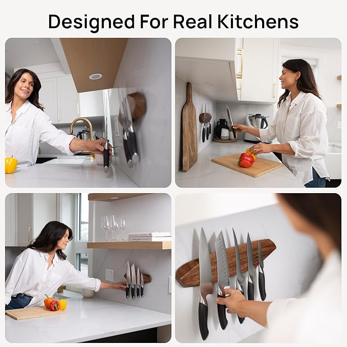Ibyx Acacia Magnetic Knife Strip - Knife Holder for Counter - Universal Magnetic Knife Holder Fits All Knife Sets - Modern Kitchen Knife Storage - Solid Wood & Strong Magnets (16 Inches)
