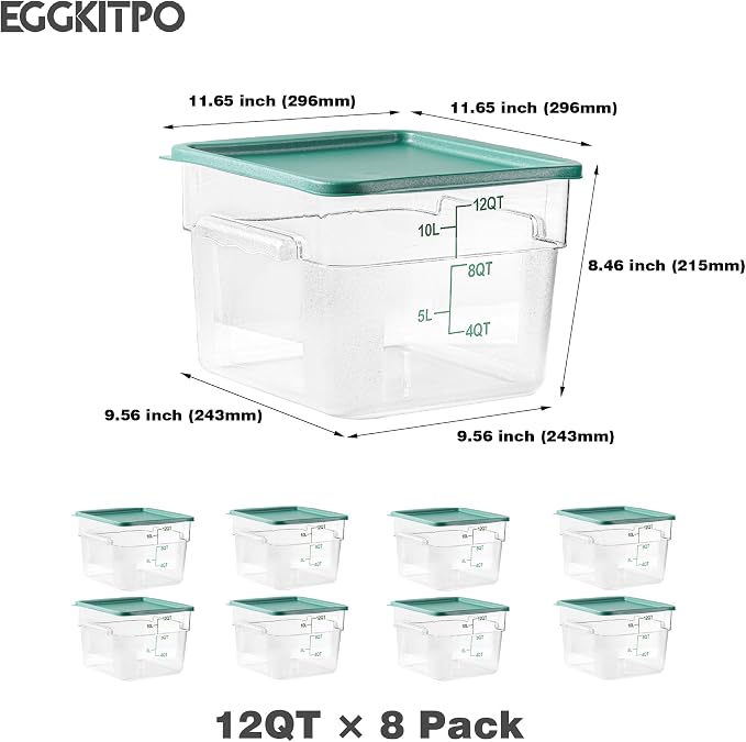 EGGKITPO 8 Pack 12 QT Food Storage Containers with Green Lids Hot Cold Resistant Stackable Square Commercial Container Set with Handle Scarle Commercial Kitchen service Business BPA-Free Polycarbonate