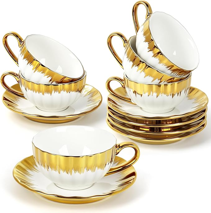 Espresso Cups with Saucers, 3.5 OZ Gold Ceramic Coffee Cup Set of 6, Demitasse Coffee Cup for Double Shot, Latte, Cafe Mocha and Tea, Dishwasher & Microwave Safe (Gold Trim-04)