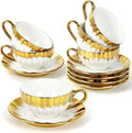 Espresso Cups with Saucers, 3.5 OZ Gold Ceramic Coffee Cup Set of 6, Demitasse Coffee Cup for Double Shot, Latte, Cafe Mocha and Tea, Dishwasher & Microwave Safe (Gold Trim-04)