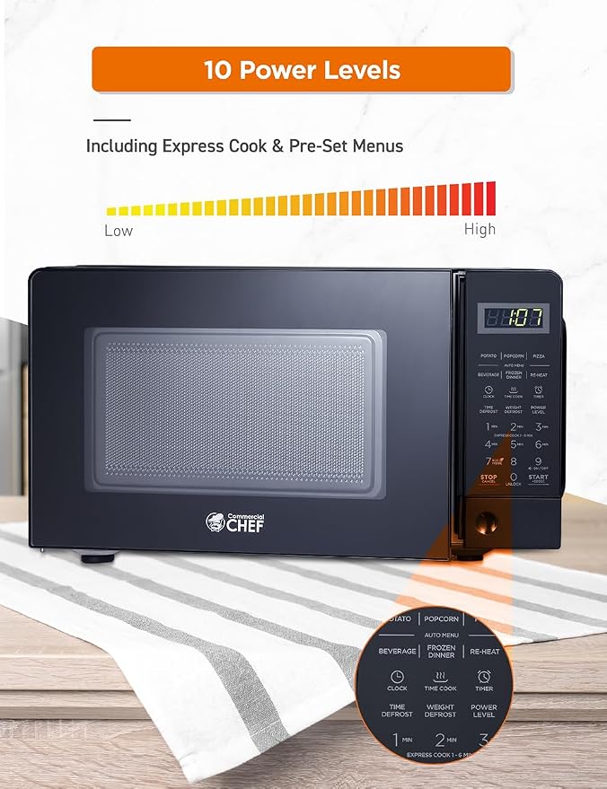 COMMERCIAL CHEF 0.7 Cubic Foot Microwave with 10 Power Levels, Small Microwave with Pull Handle, 700W Countertop Microwave up to 99 Minute Timer and Digital Display, Black