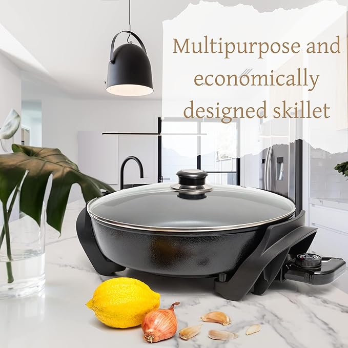 Moss & Stone Round Electric Skillet with Lid – 12x12 Inch Aluminum Nonstick Electric Frying Pan 5Qt, Adjustable Temperature Control, Vented Glass Lid, Dishwasher Safe, Heat-Resistant Handles