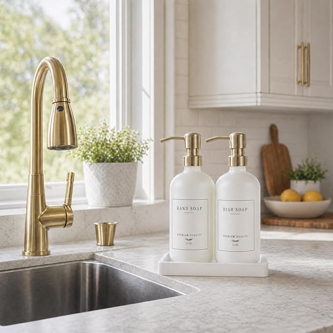 Thick Glass Soap Dispenser - Kitchen Dish Hand Soap Dispenser Set,Rustproof Pump Soap Lotion Dispenser Bathroom with Tray,14 Stickers for Kitchen Decor White Bottle/Gold Pump