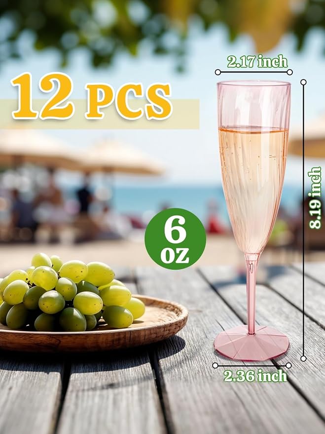 WDF 12PCS Colorful Plastic Champagne Flutes - 6 OZ Colorful Disposable Champagne Flutes - Perfect for Wedding/Party/Birthday