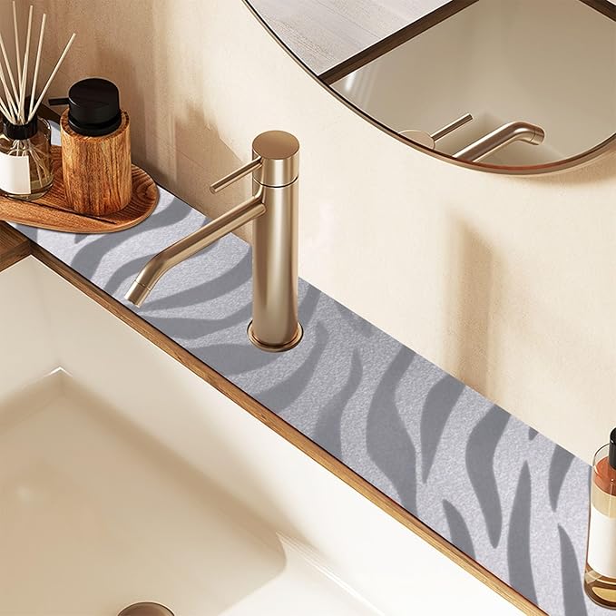 Kitchen Sink Splash Guard 1 PC 14.7 Inch Sink Faucet Mat Splash Guard for Bathroom Countertop Water Absorbent Foldable Cuttable Soft Washable Light Silvery Zebra Print