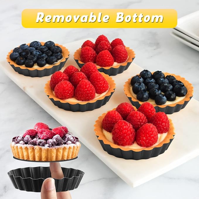 Tessco for you 16 Pcs Mini Tart Pans for Baking, 4 Inch Quiche Pans with Removable Bottom, Nonstick Egg Tartlets Molds Fluted Side Bakeware for Pie Fruit Tart Cheesecake Dessert (Black Gray Round)