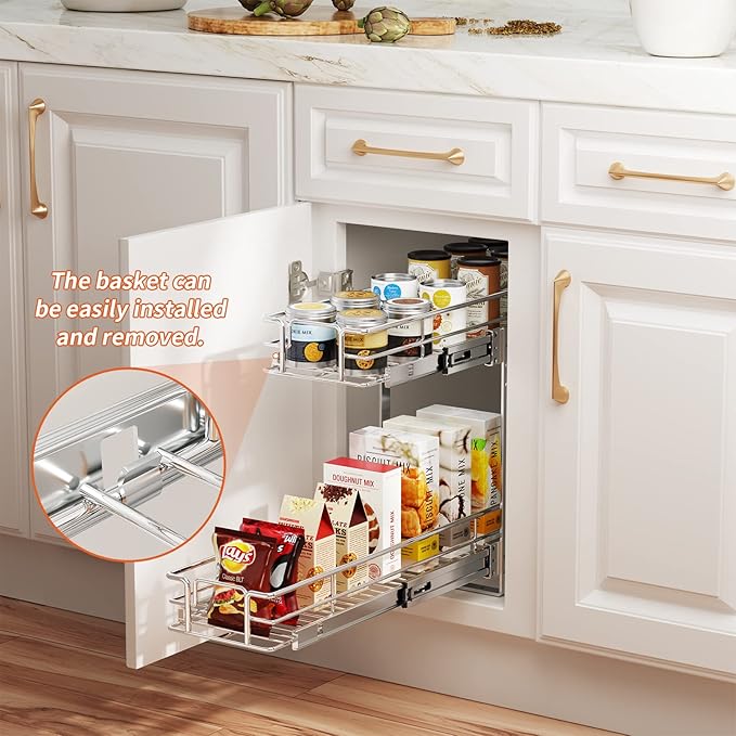 ROOMTEC Individual Pull Out Cabinet Organizer (9" W x 21½" D), 2 Tier Spice Rack Organizer for Cabinet, Slide Out Drawer Pantry Shelf Organization and Storage for Kitchen Bathroom