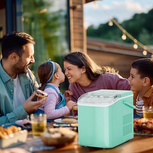 NEWBULIG Countertop Ice Maker Machine with Handle, Portable Bullet Ice Maker Produces 9 Cubes in 6 Minutes, 26 lbs per 24 Hours, Includes Basket & Scoop, for Home Kitchen RV Camping Party, Green