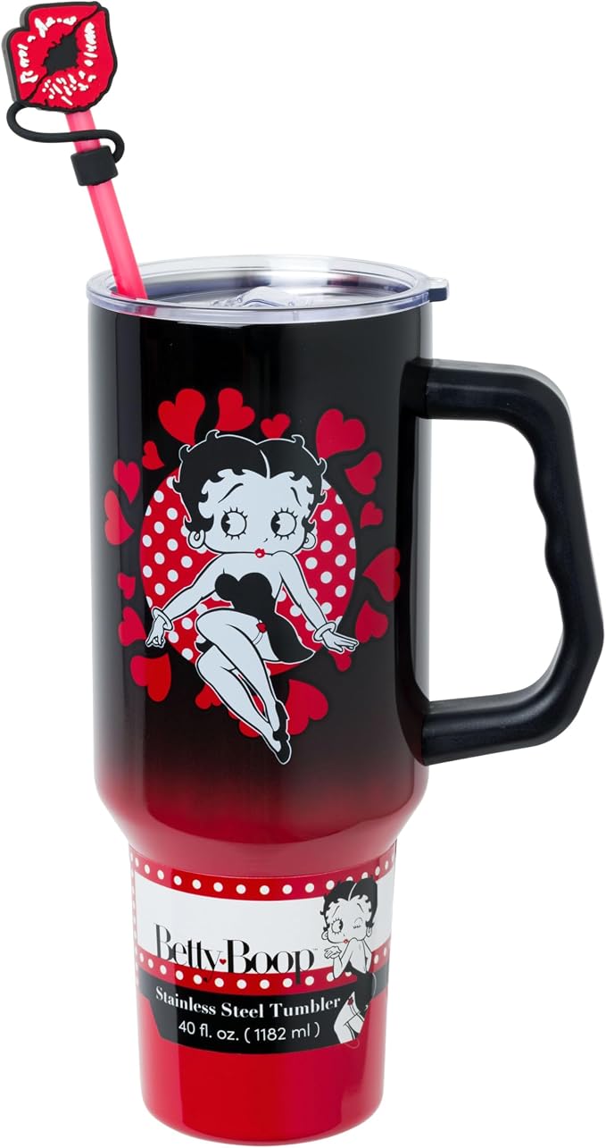 Silver Buffalo Betty Boop Core Cute Sitting Pose Hearts and Dots Stainless Steel Tumbler with Straw Cover Cap, Lid, Straw and Handle - 40 oz