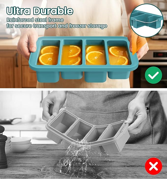 DOQAUS Silicone Freezer Molds, Reinforced Steel Frame 1 Cup Ice Cube Trays with Lid, 2 Pack 4-Cavity BPA-Free Soup Containers for Meal Prep, Kitchen