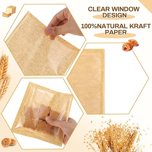 Outus 200 Pcs Cookie Packaging Bags with Seal, 5.7 x 6.5 Inch Bakery Pastry Bags with Window, Heat Sealable Grease Resistant Paper to Go Bake Sleeves for Gift Giving Donut Bread Sandwich (Brown)