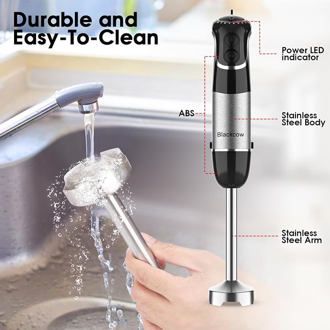 Blackcow Corded Immersion Blender Handheld for Kitchen,Stainless Steel Emulsion Blender Handheld with Hook,Electric Hand Mixer with 12-Speed&Turbo,for Smoothie,Soup,Baby Food and Drinks