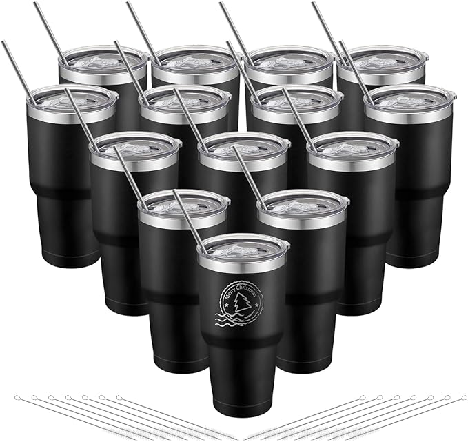 YOUKE OLA 14 Pack Insulated Tumbler Powder Coated Stainless Steel Double Wall Vacuum Travel Coffee Tumbler Cup with Lid and Straw for Laser Engrave DIY Gift 30oz Black