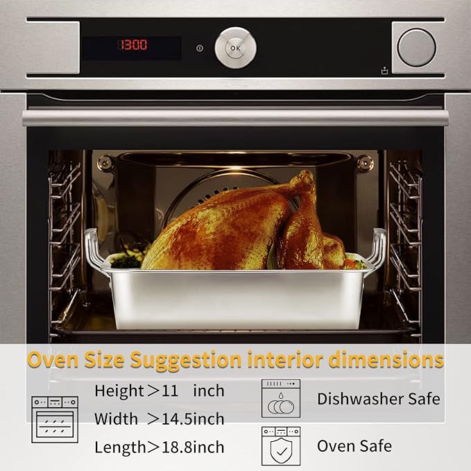15 Inch Stainless Steel Roasting Pan with V-Shaped Rack and Turkey Baster - Rectangular Roaster for Turkey, Chicken, Vegetables - Fits 20lb Turkey