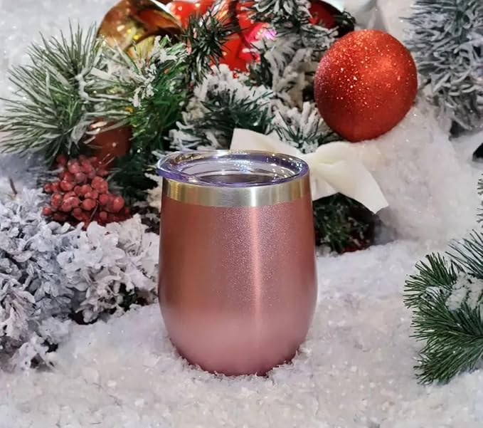 CHILLOUT LIFE 12 oz Stainless Steel Wine Tumblers 2 Pack - Double Wall Vacuum Insulated Wine Glasses Cups with Lids and Straws Set Keeping Cold & Hot for Coffee, Beer, Ice Cream (Rose Gold + Black)