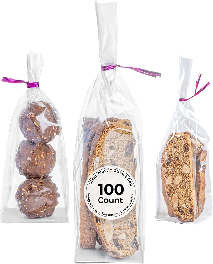 Restaurantware Plastic Treat Bags 100 Count 2 x 2 x 8.25 Inches Heat-Sealable Goodie Packaging Flat Bottom Design Clear