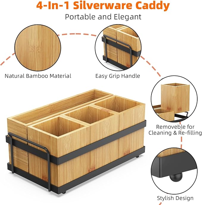 Silverware Caddy for Party, Silverware Holder with 4 Removable Compartments for Countertop Organizing Utensils, Paper Plates, Flatware, Wood Sevring Caddy