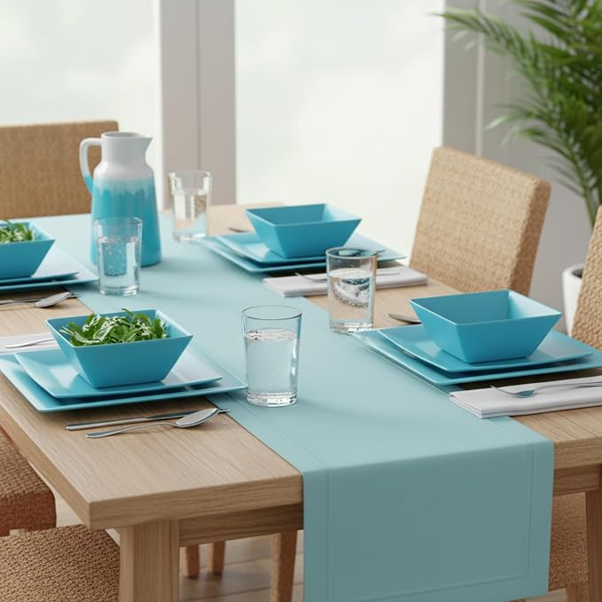TP 12-Piece Melamine Dinnerware Sets, Plates and Bowls Dishes Set for 4, Break-Resistant & Non-Microwavable, Lightweight Square Dinner Plates, Teal